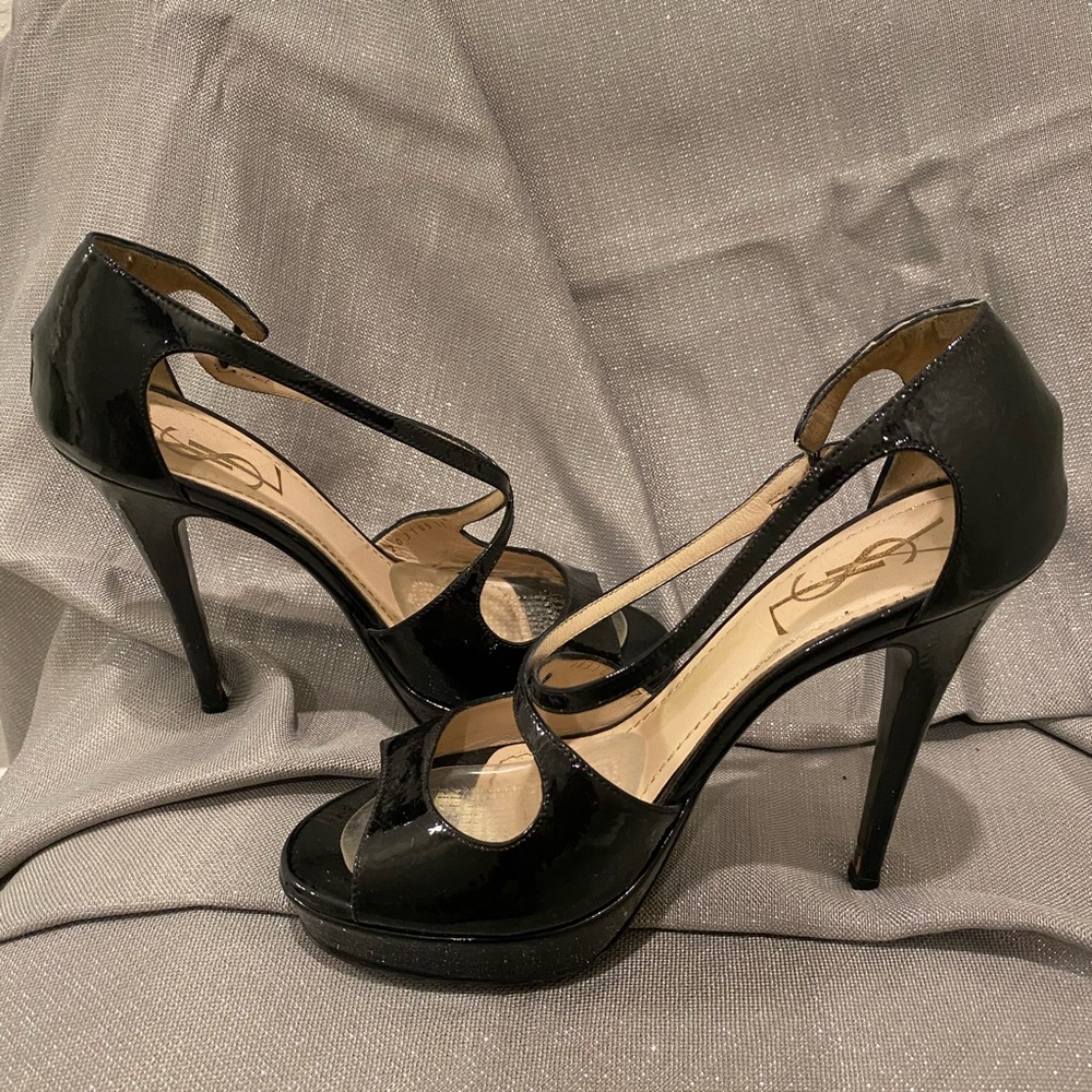 Yves Saint Laurent Black Patent Leather Peep-Toe Heels - Picture 4 of 7
